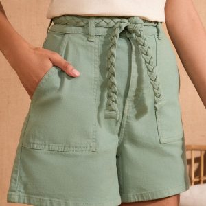 DALISER779 Khaki Green Plait Belted Denim Shorts