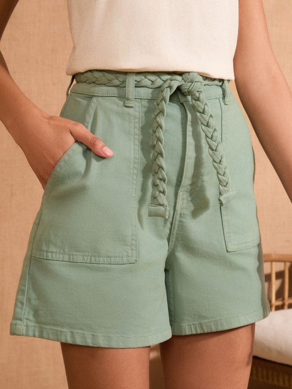 DALISER779 Khaki Green Plait Belted Denim Shorts