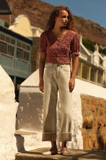 DALISER759 White Cropped Turn Up Wide Leg Jeans