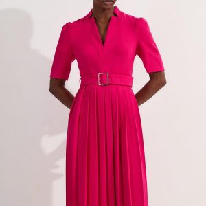DALISER741 Tailored Structured Crepe Forever Pleat Belted Midi Dress