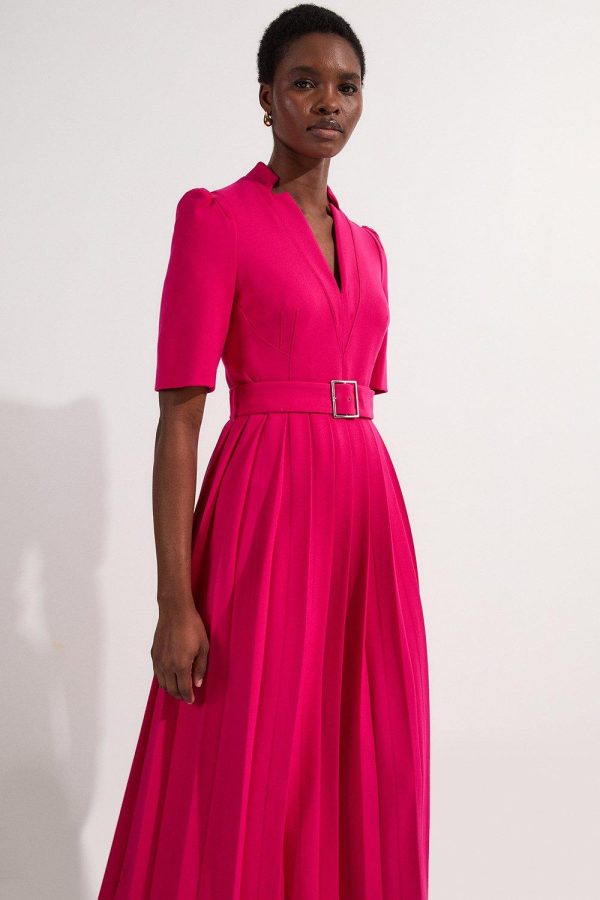 DALISER741 Tailored Structured Crepe Forever Pleat Belted Midi Dress - Image 3
