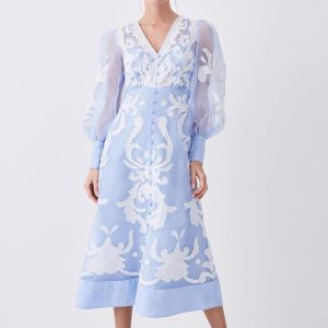 DALISER739 Petite Applique Organdie Buttoned Woven Maxi Dress
