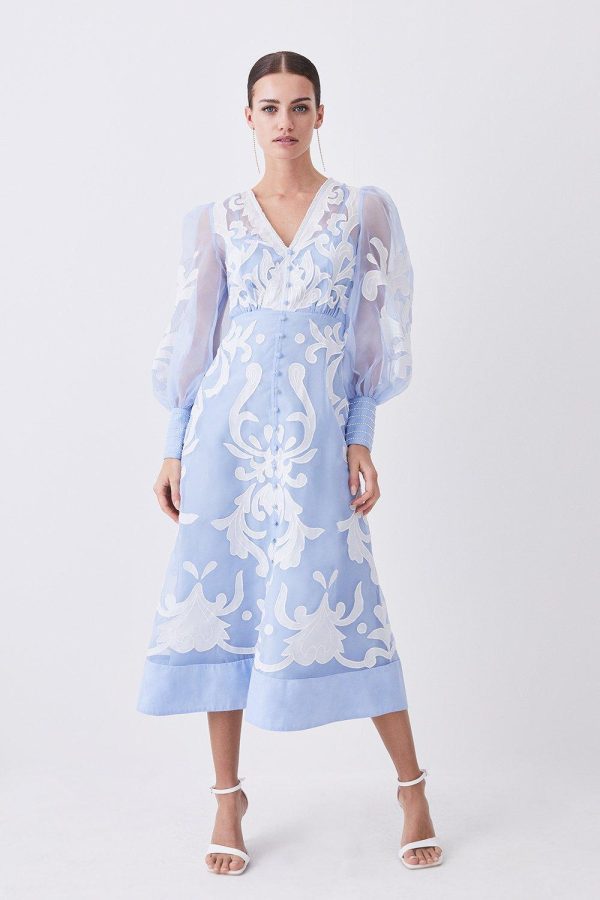DALISER739 Petite Applique Organdie Buttoned Woven Maxi Dress