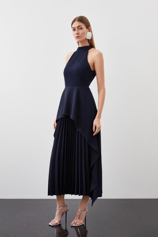 DALISER728 Soft Tailored Waterfall Hem High Neck Midi Dress