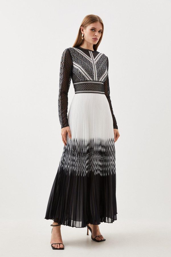 DALISER732 Guipure Lace Pleated Placed Print Woven Maxi Dress - Image 5
