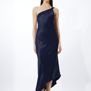 DALISER734 Satin Back Crepe Tailored One Shoulder Chain Detail Asymmetric Midaxi Dress