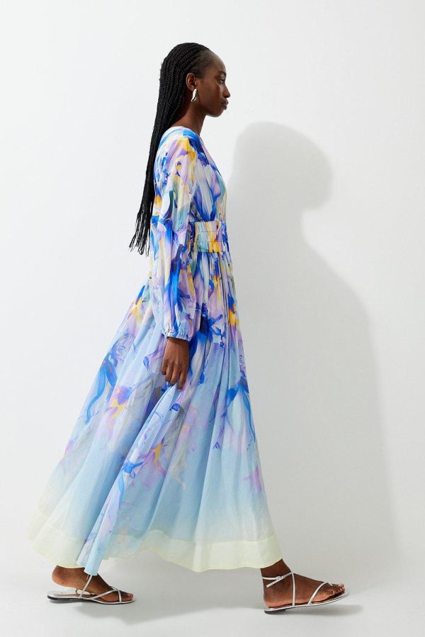 DALISER737 Ombre Floral Silk Cotton Plunge Maxi Dress