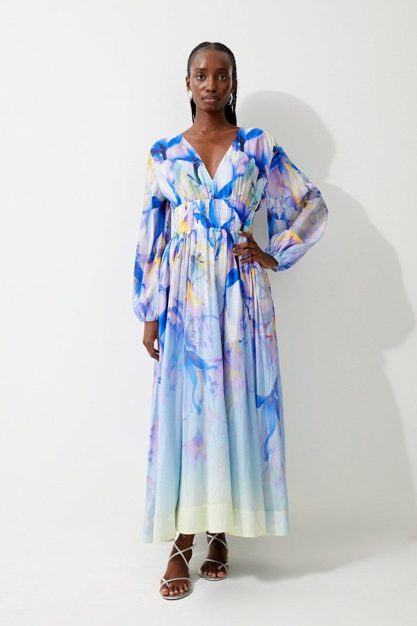 DALISER737 Ombre Floral Silk Cotton Plunge Maxi Dress - Image 3
