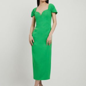 DALISER735 Bardot Satin Back Crepe Woven Midi Dress