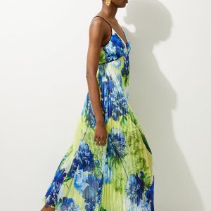 DALISER723 Floral Pleated Crinkle Strappy Woven Midi Dress