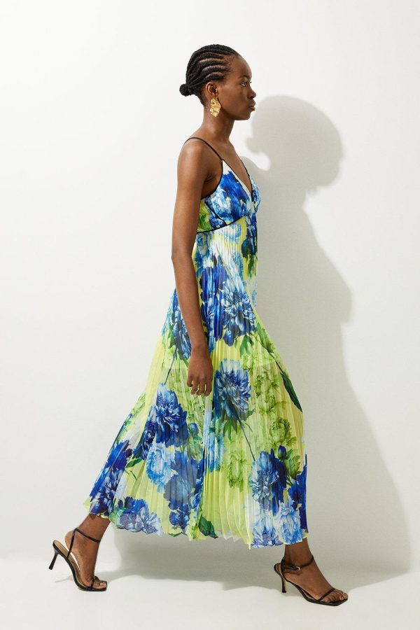 DALISER723 Floral Pleated Crinkle Strappy Woven Midi Dress