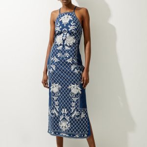 DALISER736 Beaded Embellished Denim Woven Halter Midi Dress
