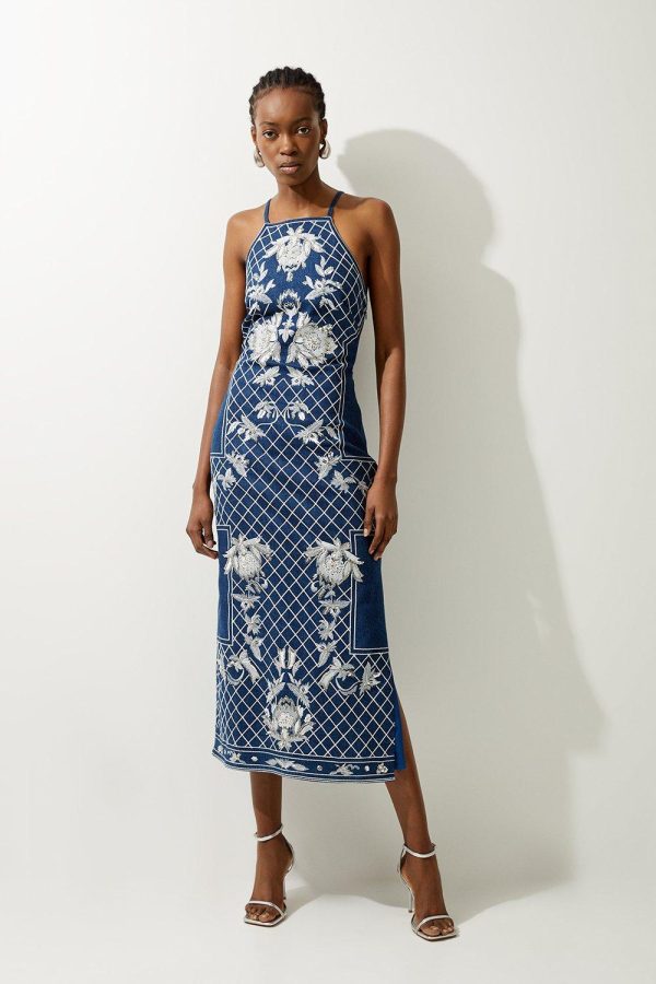 DALISER736 Beaded Embellished Denim Woven Halter Midi Dress