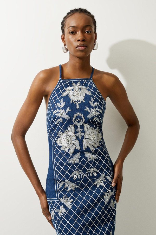 DALISER736 Beaded Embellished Denim Woven Halter Midi Dress - Image 2