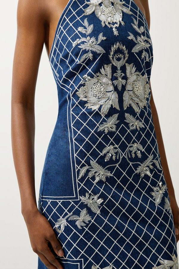 DALISER736 Beaded Embellished Denim Woven Halter Midi Dress - Image 3