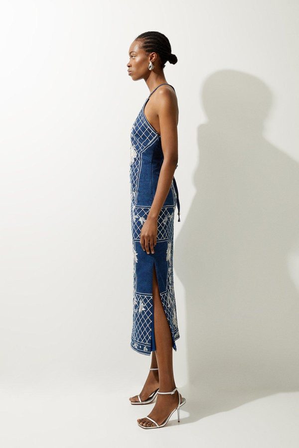 DALISER736 Beaded Embellished Denim Woven Halter Midi Dress - Image 5